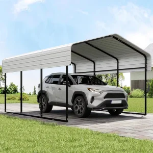 Durable Heavy Duty 10×15 ft Metal Carport Galvanized Steel Roof PVC Coated Reinforced Base All-Weather Garage Canopy Trucks