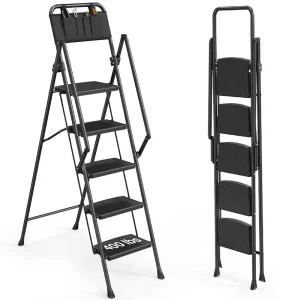 EN14183-Certified 5-Step Steel Folding Ladder with Handle Bar