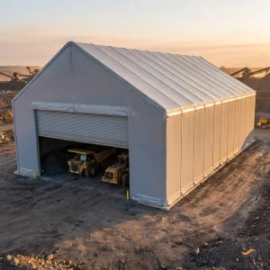 Explosion Proof Rated Industrial Remote Site Storage Building A Frame Gable 100x120m Grey PVDF for Iron Ore Stockpile