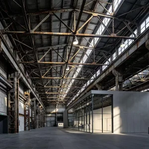 Exposed Steel Truss Store Structure with High Ceilings for Urban Retail Use