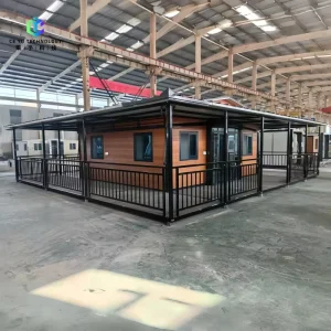 Factory Direct Double-Wing Expandable Prefab Home with Full Wraparound Balcony and Rain Canopy, Expandable Villa for Resort B&B