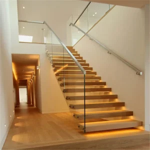 Factory Floating Straight Staircase with Tempered Glass Railings Solid Wood Treads Minimalist Design for Villa