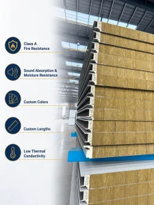 Fireproof Rock Wool Sandwich Panel for Warehouse Wall and Roof Insulation, High Density Mineral Wool Composite Board
