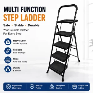 Folding Steel Step Ladder with Handrail and Tool Tray, Anti-Slip Pedal, Portable for Home and Warehouse