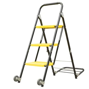 Folding Warehouse Step Ladder with Wheels Portable Rolling Step Stool Anti-Slip Platform Foldable Commercial Shopping Ladder