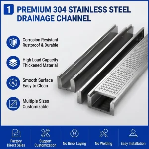 Food Grade Stainless Steel Drainage Gutter V Shape Floor Trench Drain System With Pre Sloped Bottom SUS304 Drainage Grating