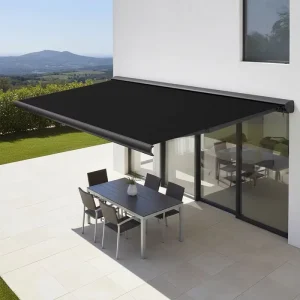 Full Box Curved Arm Retractable Electric Awning Remote Control Waterproof Acrylic Ceiling Mount