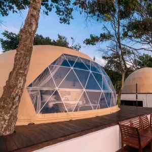Glamping Geodesic Dome Tent with Bathroom, Transparent PVC Canopy for Camping, Resorts, and Restaurants