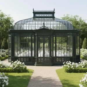 Green Wrought Iron Conservatory Hot Galvanized Finish Laminated Glass Arc Roof For Outdoor Wedding