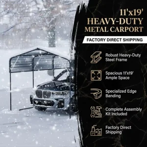 Heavy-Duty 11×19 ft Galvanized Steel Carport with Metal Roof Frame Grey