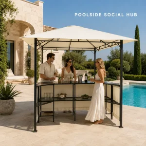 Heavy Duty 40x40mm Steel Pillar Outdoor Kitchen Bar Gazebo 8x8ft Iron Gazebo with Double Bar Black Silk Glass Bar and 2 Stools