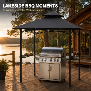 Heavy Duty BBQ Grill Gazebo 1.5×2.5m with 40mm Square Poles, Side Mesh Shelves, and Waterproof Shelter