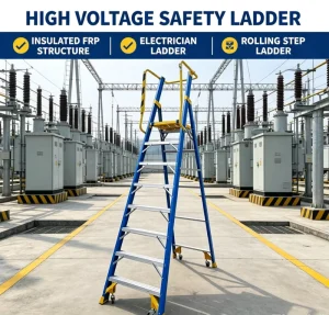 Heavy-Duty Insulated Aluminum Mobile Platform Ladder with Wheels and Handrail for Industrial and Warehouse Use