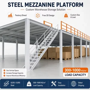 Heavy Duty Steel Mezzanine Floor System Custom Warehouse Storage Platform with Stairs and Guardrails