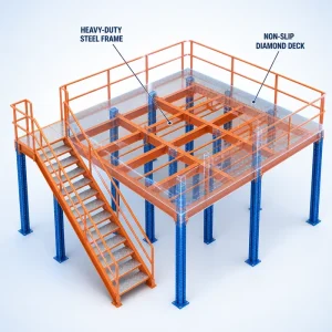 Heavy Duty Steel Mezzanine Floor up to 1000kg Load Capacity with Safety Railing Staircase Industrial Storage Platform