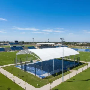 High Strength Roof Panoramic Padel Court 12mm Tempered Glass Hot Dip Galvanized Steel 20x10m Artificial Turf LED Outdoor Canopy