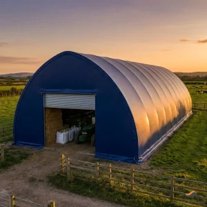 Hot Dip Galvanized 85 Micron Npk Storage Building Arch Roof 80x120m Navy PVDF Fabric Building for Crop Protection Chemical Hub