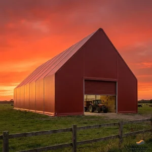 Humidity Controlled Ventilated Anti corrosion Warehouse Fertilizer High Peak Gothic Arch 80x100m Red PVC for Pesticide Agrichem