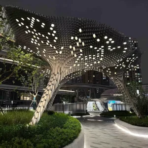 Illuminated Metal Tree Sculpture Architectural Canopy Shade Stainless Steel Pavilion For Urban Plazas