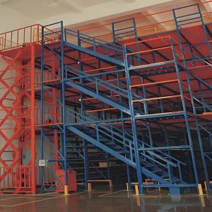 Industrial 4 Tier Steel Mezzanine Rack System with Staircase and Lift Solid Steel Flooring Powder Coated Blue Boltless Design