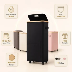 Laundry Basket Rolling Hamper Fabric with Lid 4 Casters Front Pocket Clothes Organizer for Bathroom Bedroom Laundry Room Home