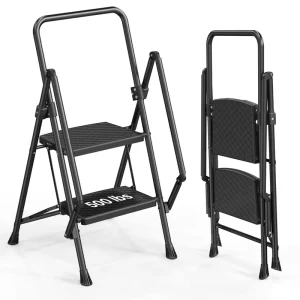 Lightweight Steel Folding Step Ladder with Anti-Slip Wide Pedal and Handrail, 2-6 Steps