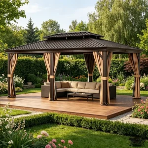 Luxembourg Style Double Roof Aluminum Gazebo Privacy Curtain Waterproof Windproof UV Protection Eco Friendly Outdoor Hardtop