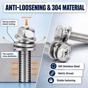 M4 M5 M6 M8 304 Stainless Steel Hex Head Phillips Cross Recessed Sems Screws with Flat and Spring Washer Combination