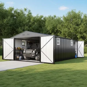 Metal Storage Shed 10×20 Outdoor Utility Shed with Double Doors and Two Windows