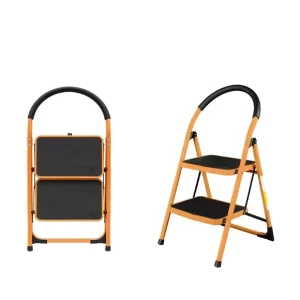 Modern Design 2-Step Orange Wide Nonslip Pedal Steel Collapsible Ladder EN 131 150kg Staircase Supermarket Use