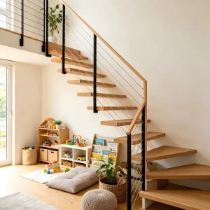 Modern Design L-Shaped Staircase With Glass or Steel Wire Railing