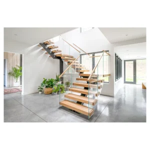 Modern Durable Glass Railing Stringer Staircase for Villa, Apartment, Hotel, and Indoor Duplex Projects