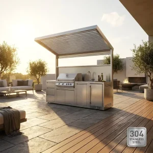 Modern Durable Modular Stainless Steel Outdoor Kitchen System Integrated Sintered Stone Motorized Privacy Cover for Hotel Use