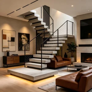 Modern Elegant Indoor L-Shaped Staircase Durable Solid Wood Straight with Glass Railing