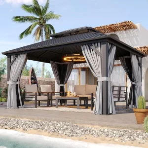 Modern Hardtop Gazebo 10×12 Steel Frame Canopy with Double Galvanized Steel Roof Screen Included for Backyard Garden Decorations
