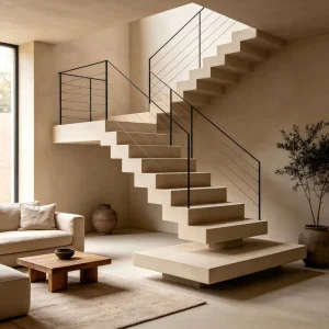 Modern Indoor L-Shaped Staircase with Glass Steel Wire Railing Made of Tempered Glass Solid Wood Marble Stainless Steel