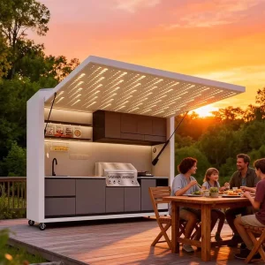 Modern Outdoor Modular Large-Size Kitchen Cabinet, Lacquer Finish, Remote-Controlled Canopy, Sink and Backsplash