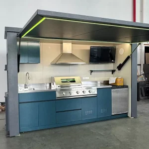 Modern Outdoor Modular Large-Size Kitchen Cabinet, Lacquer Finish, Remote-Controlled Canopy and Refrigerator