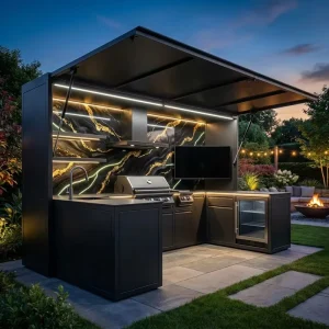 Modern Weatherproof Modular Stainless Steel Outdoor Kitchen Cabinet System with Integrated Wine Cooler BBQ Grill for Rooftop