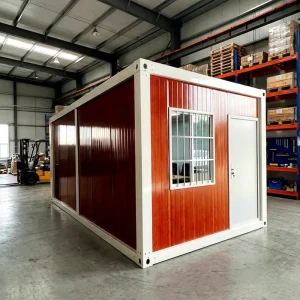 Modern Wood Grain Prefab Container Office House with Security Bars Modular Garden Studio for Construction Site and Villa