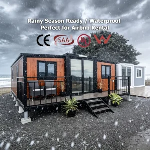 Modified Container House Premium Wood Grain Texture Exterior Large Glass Window Well Ventilated Comfortable Residential Cabin