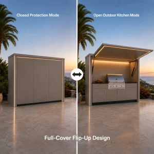 Movable Grill Station with Side Extension Table Adjustable Canopy Roof Modular Outdoor Kitchen