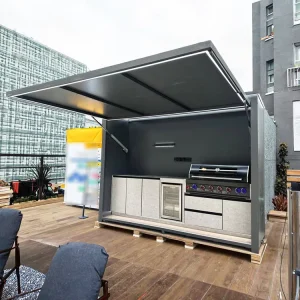 Multi-Functional Modern Outdoor Modular Large Size Kitchen Cabinet Lacquer Finish Remote-Controlled Canopy Drawer Slide Faucet