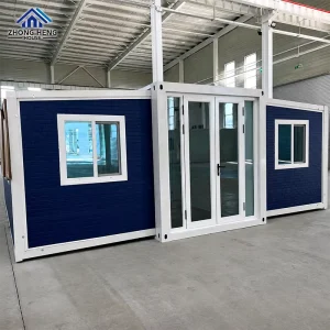 Navy Blue Brick Texture Expandable Container House White Frame Double Glass Door Three Module Prefab Villa Ready to Live
