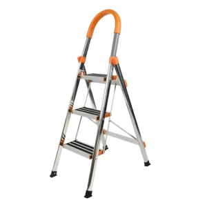 Orange Wide Anti-Skid Layer EN 131 Foldable Stainless Steel 3-Step Domestic Ladder Handrail 150kg Load Capacity Home Use