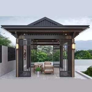 Outdoor Aluminum Pergola Gazebo with Retractable Canopy Side Glass Walls Sunshade Shelter for Backyard Pool
