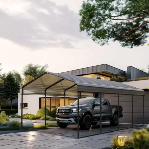 Outdoor Galvanized Steel Frame Metal Roof Carport Garage, Waterproof, Movable, 2-Car Parking Shed