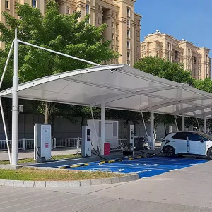 Outdoor Steel Structure Carport Awning Tension Fabric Roof EV Charging Station Canopy Garage De Bus Architecture Membrane