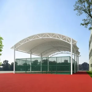 PVDF/PTFE Arched Tensile Membrane Sports Court Shade Canopy with Hot-Dip Galvanized Steel Frame for Park All-Weather Use