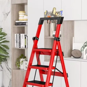 Portable Folding Carbon Steel Ladder with Handrail and Widened Steps, 150 kg Capacity
